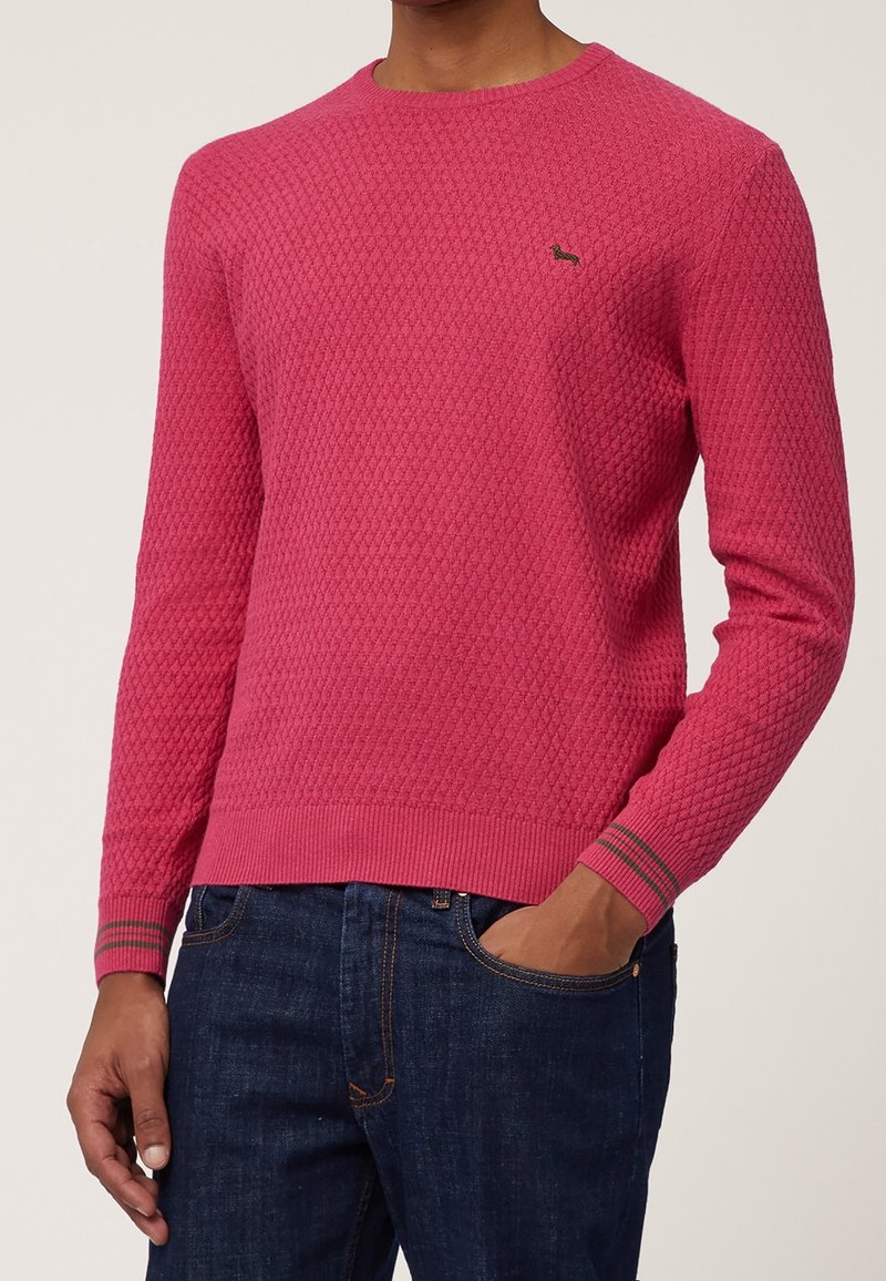 Homme portant un pull à manches longues rose texturé avec un petit logo de chien sur la poitrine, associé à un jean bleu foncé.