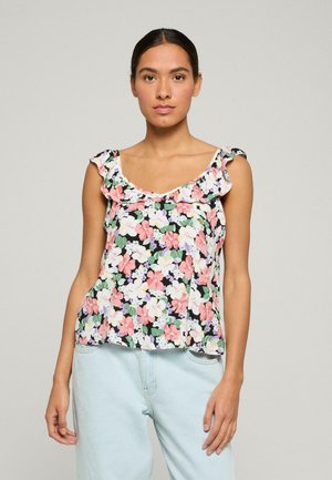 Blommig ärmlös topp med volangaxlar, svart bakgrund, med rosa, vita och gröna blommor. Viskande tyg med avspänt snitt.