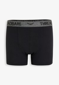 Schwarze Boxershorts aus Baumwolle mit einem grauen elastischen Bund, auf dem das Wort "THREADBARE" in Schwarz gedruckt ist. Glatte Textur, klassisches Design.