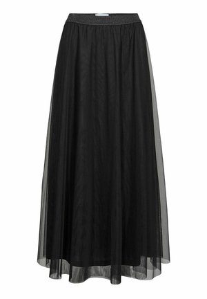 Must muströömiga must maxi-seelik, millel on läbipaistev kate, elastne vöökoht sädelevas viimistluses ja voolav disain. Kerge, opakate vooder.
