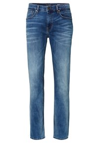 Jeans de denim azul con un diseño de pierna recta, que presentan un acabado desgastado, cinco bolsillos y un cierre de botón único.