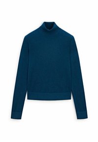 Long-sleeve, dark blue turtleneck sweater with ribbed cuffs and hem, laid flat on a white background.