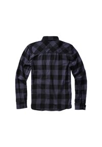 Camicia a quadri nera e viola scuro con maniche lunghe e colletto. Presenta un logo ricamato sul retro e una texture liscia.
