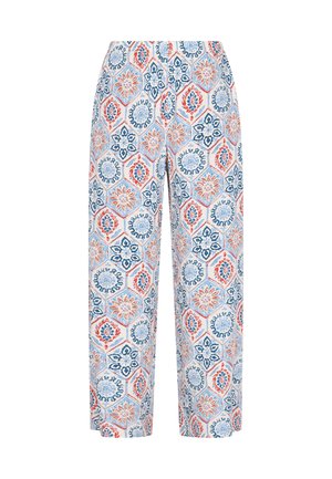 Broek met een bloemenpatroon op een lichtblauwe achtergrond met rode en marineblauwe ontwerpen, gemaakt van lichtgewicht stof met een losse pasvorm.