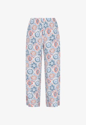 Kevyt kankainen housut, joissa on kukkakuvio vaaleansinisellä pohjalla ja punaisia sekä laivastonsinisiä kuvioita, väljällä istuvuudella.