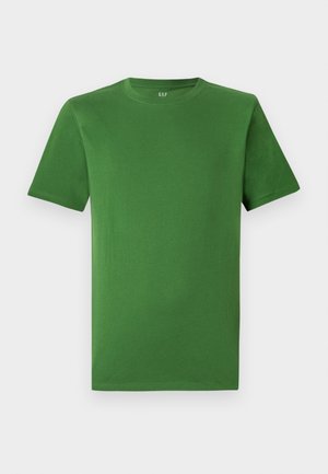 Groene katoen t-shirt met een ronde hals en korte mouwen. Zachte textuur; geen zichtbare patronen of versieringen.