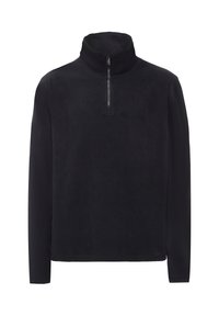Sort fleece-pullover med høj hals og halv lynlås. Har lange ærmer og en glat, blød tekstur. Ingen yderligere mønstre eller accenter.