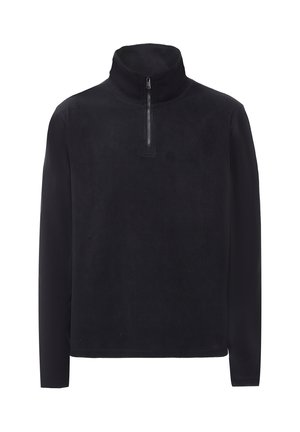 Zwarte fleece pullover met een hoge nek en een halve rits. Heeft lange mouwen en een gladde, zachte textuur. Geen extra patronen of accenten.
