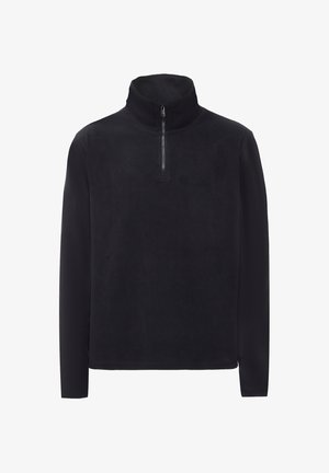Schwarzer Fleece-Pullover mit hohem Kragen und halbem Reißverschluss. Verfügt über lange Ärmel und eine glatte, weiche Textur. Keine zusätzlichen Muster oder Akzente.