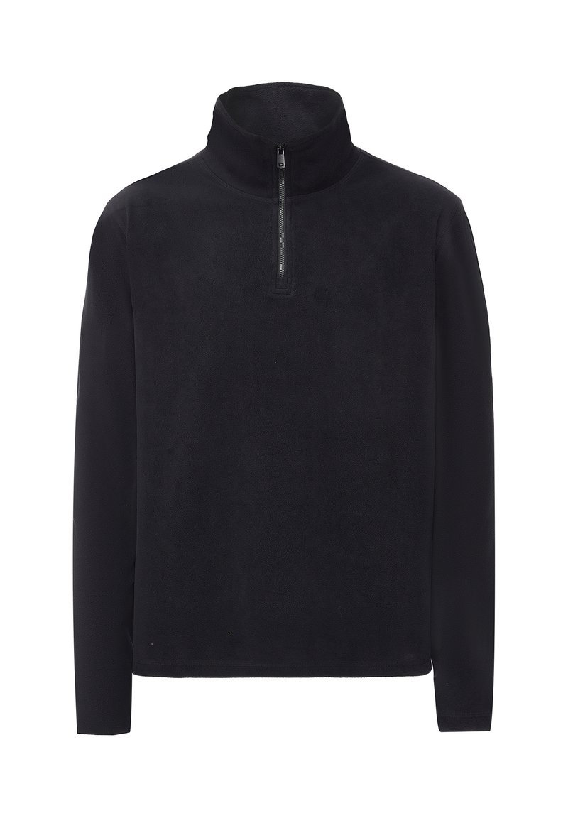 Sort fleece-pullover med høj hals og halv lynlås. Har lange ærmer og en glat, blød tekstur. Ingen yderligere mønstre eller accenter.