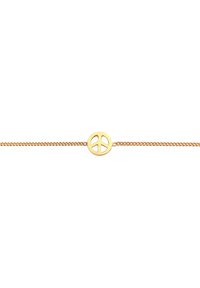 Guld kædearmbånd med et fredssymbol charm, fint detaljeret, med glatte og skinnende overflader, jævnt fordelte led, minimalistisk design.