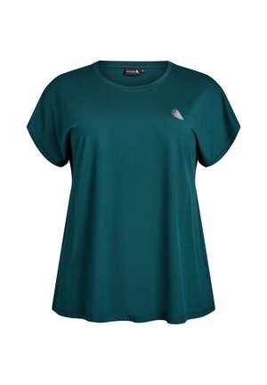 Teal kortärmad t-shirt med rund halsringning, lös passform och liten vit abstrakt logotyp på övre vänstra bröstet.