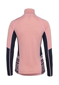 Langemouwen top met een roze lijf en marineblauwe mouwen. Heeft een gepatterneerde inzet aan de onderste zijkanten. Hoge kraag en contrasterende stiksels.