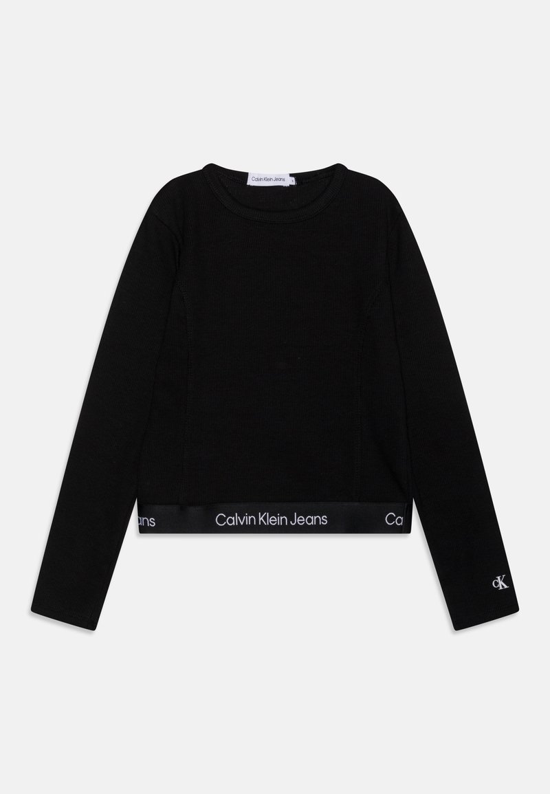 Schwarzes, kurz geschnittenes Langarmoberteil aus geripptem Material, mit rundem Halsausschnitt und einem elastischen Band mit dem "Calvin Klein Jeans" Logo am Saum und den Ärmeln.