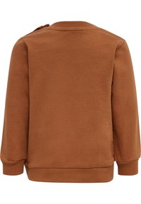 Ciepły brązowy sweatshirt o gładkiej fakturze, okrągłym dekolcie i ribbowanych mankietach. Posiada zapięcie na ramieniu, co ułatwia zakładanie.