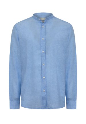 Camicia a maniche lunghe azzurro chiaro con un sottile motivo a righe verticali, bottoni frontali e colletto alla coreana.