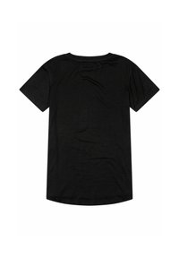 Black short-sleeve t-shirt laid flat showing the back, with a crew neckline and subtle fabric texture.
