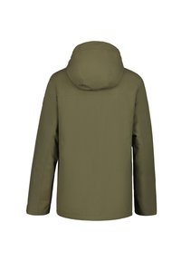 Olive green, hooded jacket with a smooth texture, straight cut, and no visible hardware or accents from the back view.