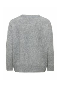 Pull en maille gris doux avec manches longues, poignets et ourlet côtelés, vu de dos sur fond blanc.