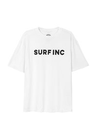 Biała bawełniana koszulka z krótkim rękawem, z napisem "SURF INC" wytłoczonym dużymi czarnymi literami na piersi. Klasyczny okrągły dekolt.