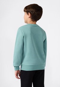Un garçon avec des cheveux bruns courts portant un sweat-shirt à manches longues teal et un pantalon noir, tourné le dos face à un fond blanc uni.