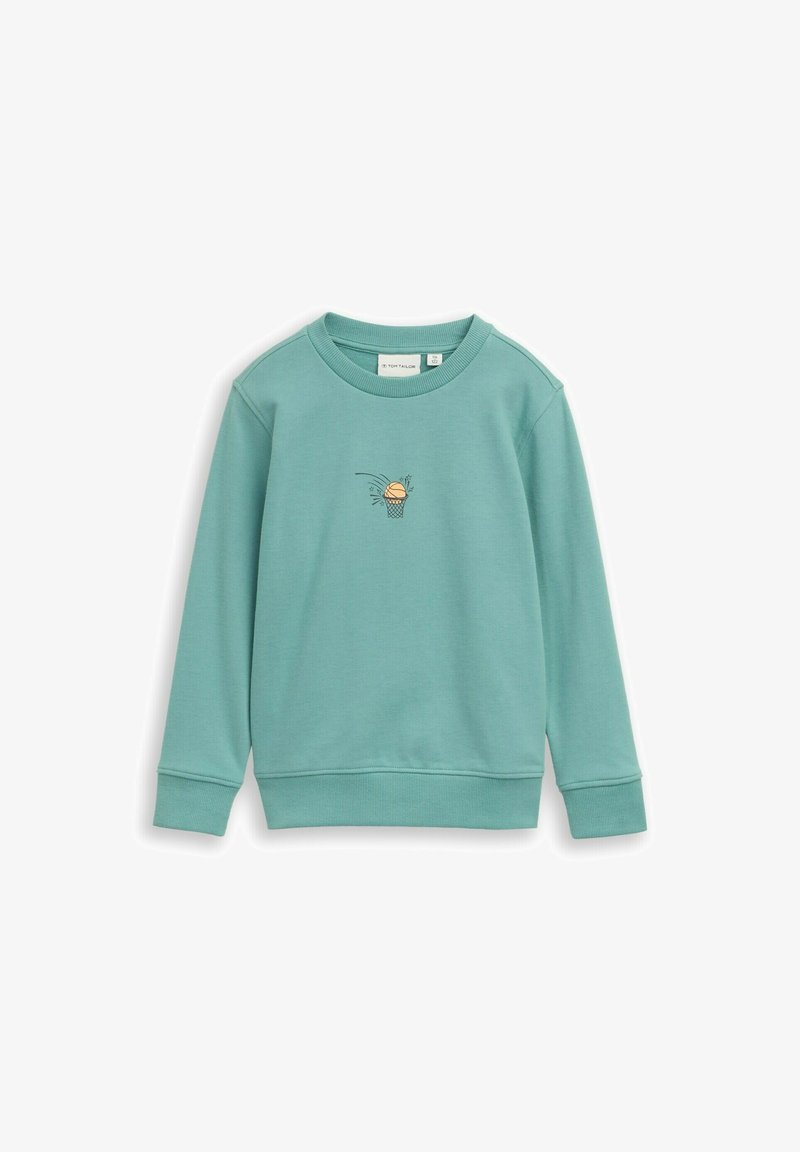 Sweat-shirt vert sarcelle pour enfants à manches longues avec une petite illustration de basketball montrant un ballon passant dans un anneau au centre de la poitrine.