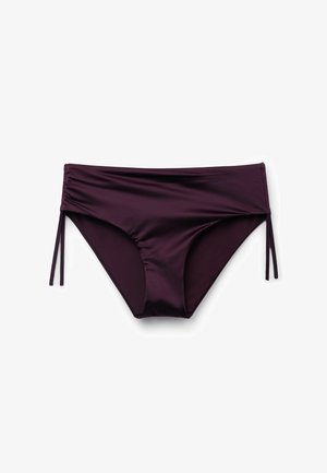 Dunkellila Bikinihose mit gerafften Seiten und verstellbaren Bindebändern, glatter Stoff, vor weißem Hintergrund gezeigt.