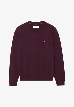 Maglione bordeaux a scollo a V realizzato in morbido tessuto a maglia, con maniche lunghe e un logo ricamato in rosa discreto sul petto.