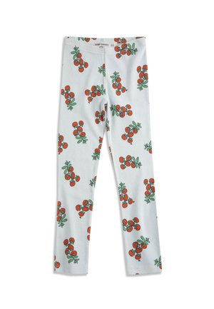 Białe legginsy dziecięce z powtarzającym się wzorem czerwonych gron wiśni z zielonymi liśćmi, z elastycznym pasem.