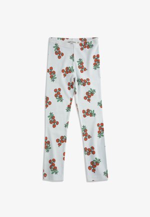 Leggings pour enfants blancs avec motifs répétés de grappes de cerises rouges et feuilles vertes, dotés d'une ceinture élastique.