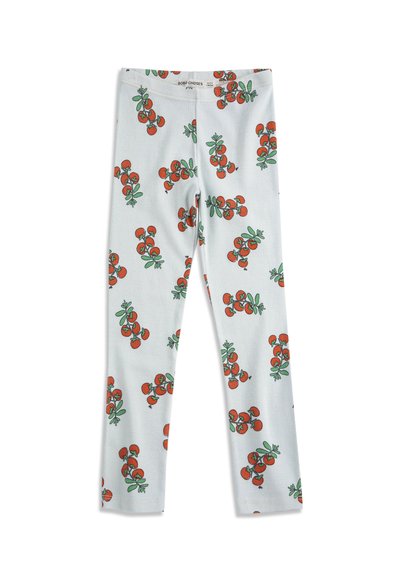 Leggings pour enfants blancs avec motifs répétés de grappes de cerises rouges et feuilles vertes, dotés d'une ceinture élastique.