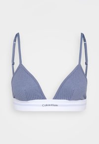 Triangel bh i myk blått stoff med ribbet tekstur. Hvit elastisk bånd nederst med Calvin Klein-logo. Justerbare stropper.