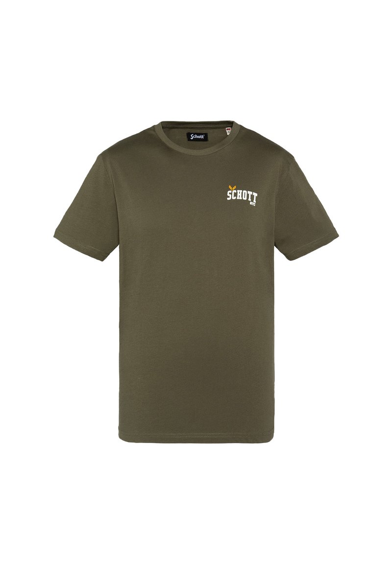 Camiseta de algodón verde oliva con cuello redondo, mangas cortas y estampado de logo en blanco y amarillo en la parte frontal. Diseño simple y sin adornos.