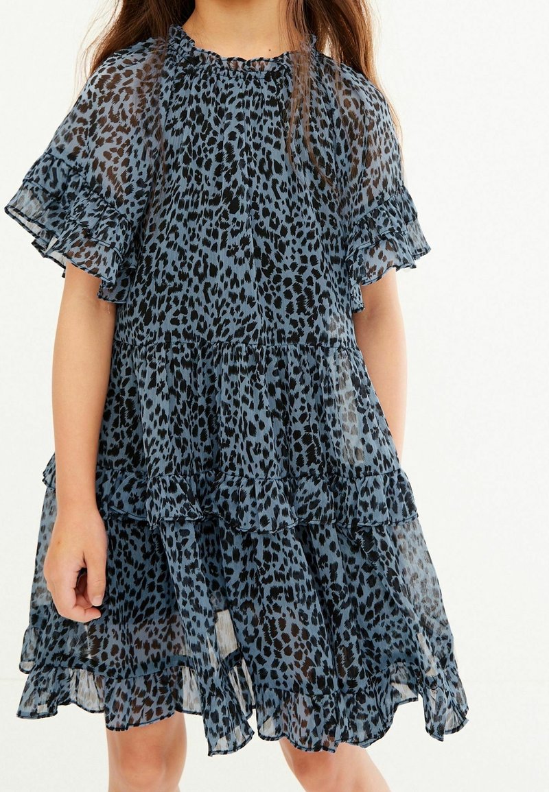Sininen leopardikuvioinen mekko läpinäkyvässä kankaassa, jossa on rypytetyt lyhyet hihat ja kerroksittaisia osia. Herkkä tekstuuri ja virtaava muotoilu.