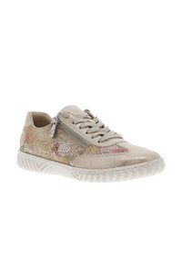 Sneaker beige chiaro con un upper texturizzato e scintillante caratterizzato da motivi floreali. Include una cerniera laterale e una chiusura con lacci tradizionale.
