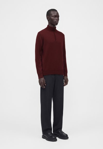 Homme debout devant un fond uni, portant un pull burgundy à fermeture éclair au quart, un pantalon noir et des chaussures noires avec une posture détendue.