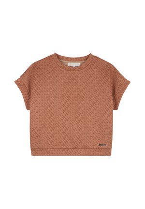 Korte mouwen crop top van gestructureerde roestkleurige stof met een overal monogram patroon en een klein logotagje aan de zoom.