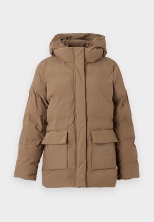 Brun polstret jakke med hætte, med en frontlynlås, to frontlommer og en struktureret stofoverflade. Designet til varme og komfort.