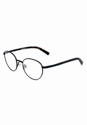 Occhiali rotondi neri in metallo con montatura sottile e estremità delle stanghette con motivo tartarugato su sfondo bianco.