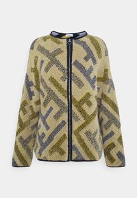 Sweter kardigan z zamkiem z przodu, z geometrycznym wzorem w kolorach żółtym, zielonym i szarym. Okrągły kołnierz i szerokie rękawy o teksturowanym wykończeniu.