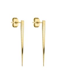 Gouden oorbellen met verlengde, textuurgegeven driehoekige vormen. Elke oorbel heeft een ronde stud achterkant voor een veilige pasvorm.