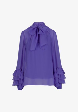 Lila sifon blúz magas nyakkal és megkötős részlettel. Hosszú, fodros ujjai három rétegűek, és légies, könnyű anyagúak.