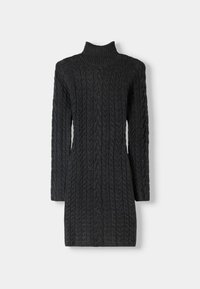 Robe col roulé en maille gris foncé, présentant un motif torsadé texturé, des manches longues et une silhouette ajustée.