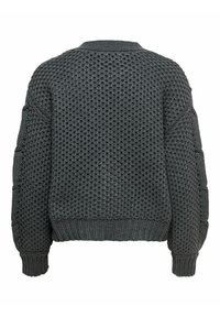 Gruby sweter w ciemnoszarym kolorze, z teksturowanym wzorem, opadającymi ramionami oraz ściągaczami u rękawów i u dołu, zapewniającymi luźny krój.