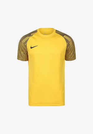 Maillot de sport jaune avec logo Nike noir, manches courtes et motif rayé sur les épaules, fabriqué en matériau léger.