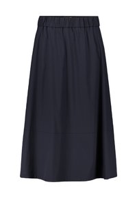 Jupe bleue marine, de longueur genou, en forme de A, faite d'un tissu léger. Elle est dotée d'une taille élastique et d'une texture simple et lisse.