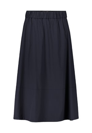 Navyblaue, knielange A-Linie-Rock aus leichtem Stoff. Verfügt über einen elastischen Bund und eine schlichte, glatte Textur.