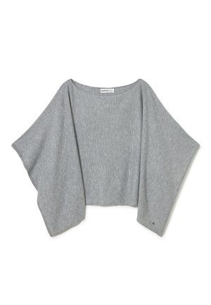 Gray knit poncho-style sweater with wide sleeves and a boat neckline, displayed against a white background.
