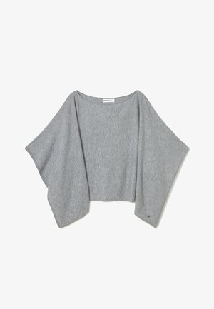 Gray knit poncho-style sweater with wide sleeves and a boat neckline, displayed against a white background.