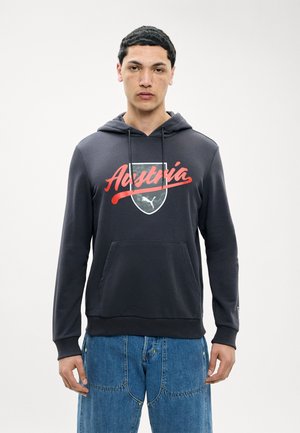 Mladý muž s kučeravými čiernymi vlasmi má na sebe tmavosivú mikinu s nápisom „Austria“ a logom Puma, v kombinácii s modrými džínsami, stojaci pred bielym pozadím.